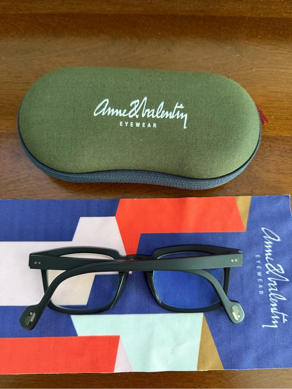 Black Rectangular Glasses with Olive Green Zip Case by Anne & Valentin